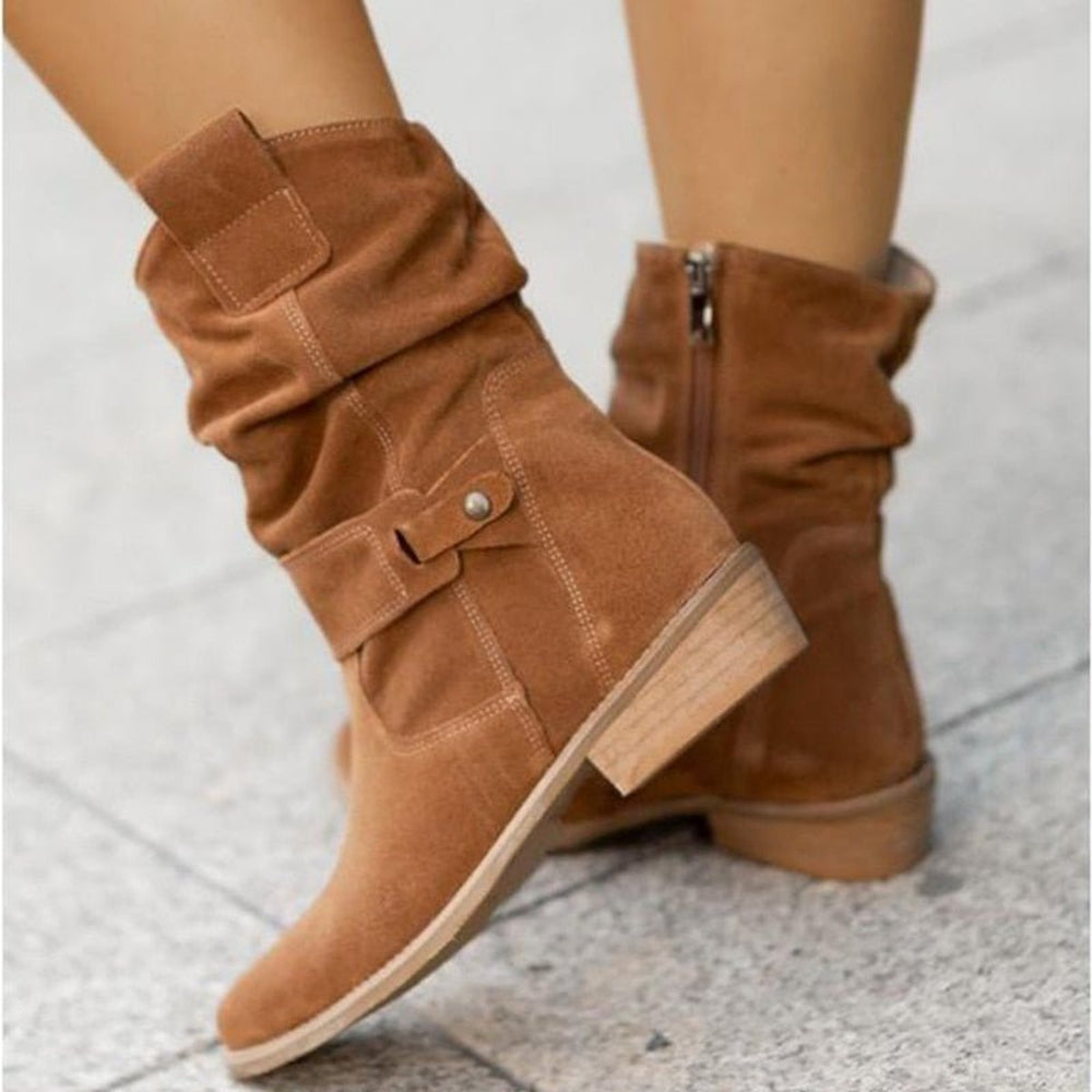 Women's Suede Slouchy Ankle Heeled Boots Buckle Strap
