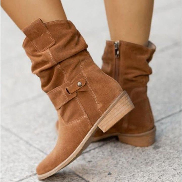 Women's Suede Slouchy Ankle Heeled Boots Buckle Strap