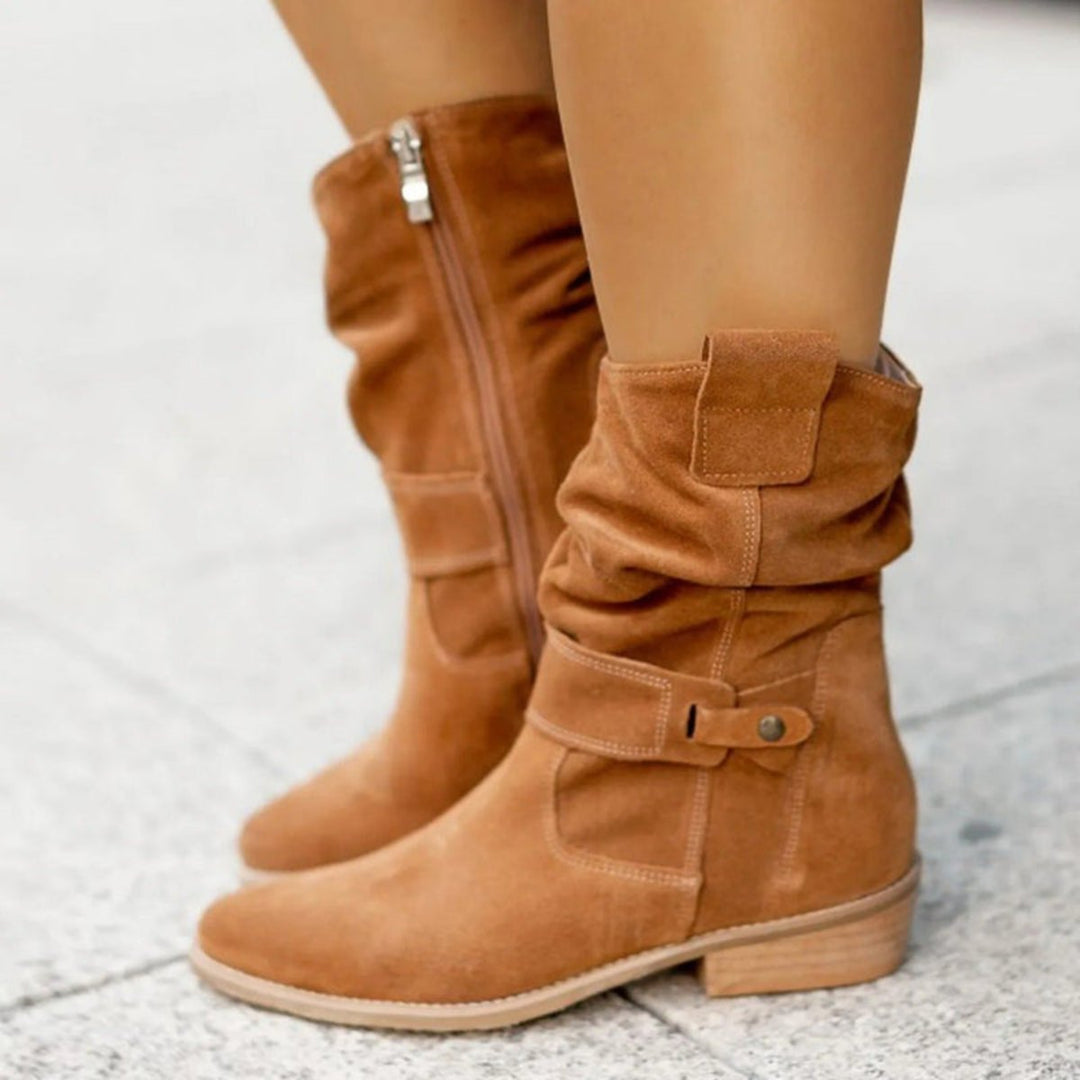 Women's Suede Slouchy Ankle Heeled Boots Buckle Strap
