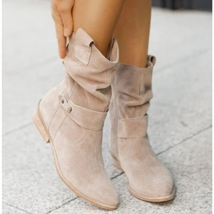 Women's Suede Slouchy Ankle Heeled Boots Buckle Strap