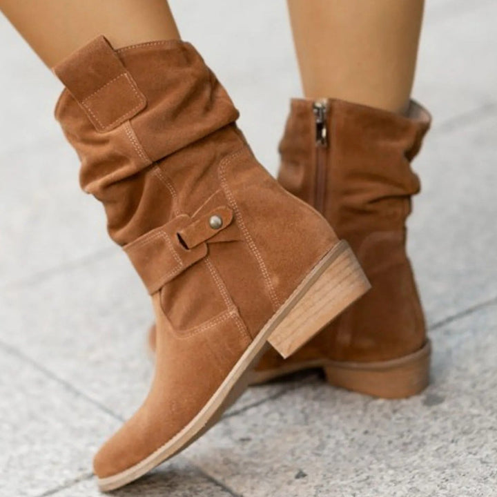Women's Suede Slouchy Ankle Heeled Boots Buckle Strap