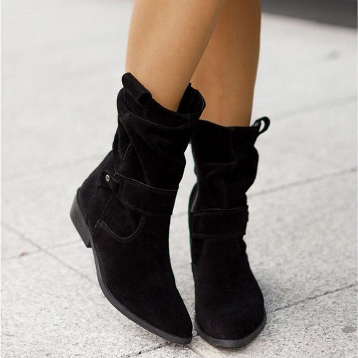 Women's Suede Slouchy Ankle Heeled Boots Buckle Strap