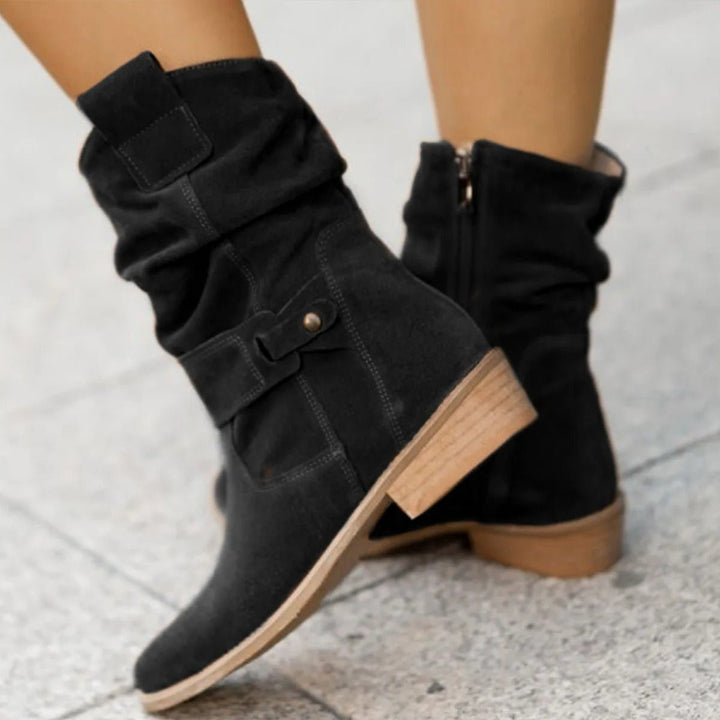 Women's Suede Slouchy Ankle Heeled Boots Buckle Strap