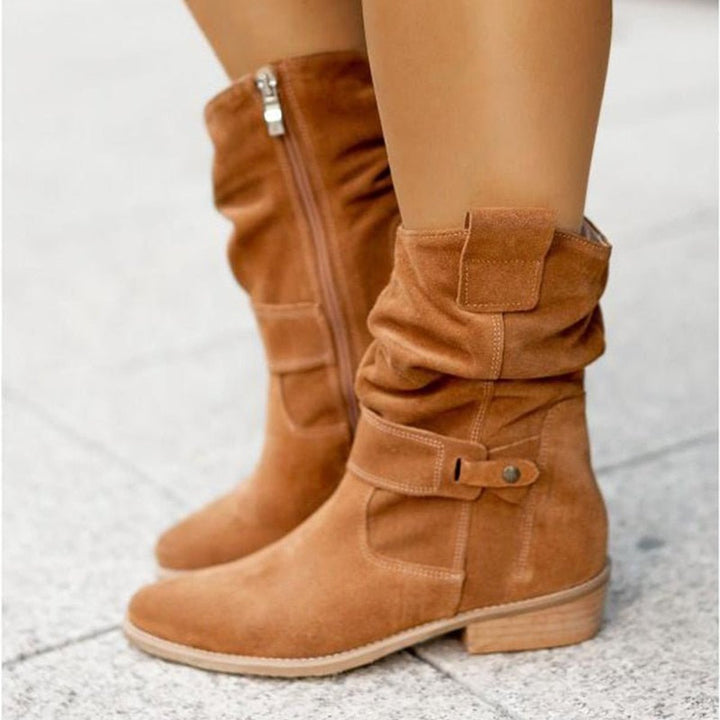 Women's Suede Slouchy Ankle Heeled Boots Buckle Strap
