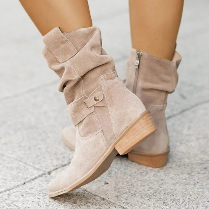 Women's Suede Slouchy Ankle Heeled Boots Buckle Strap