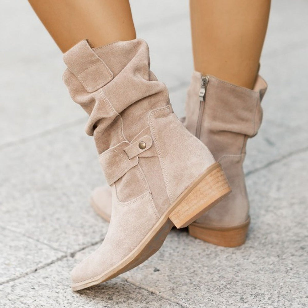 Women's Suede Slouchy Block-Heel Ankle Heeled Boots