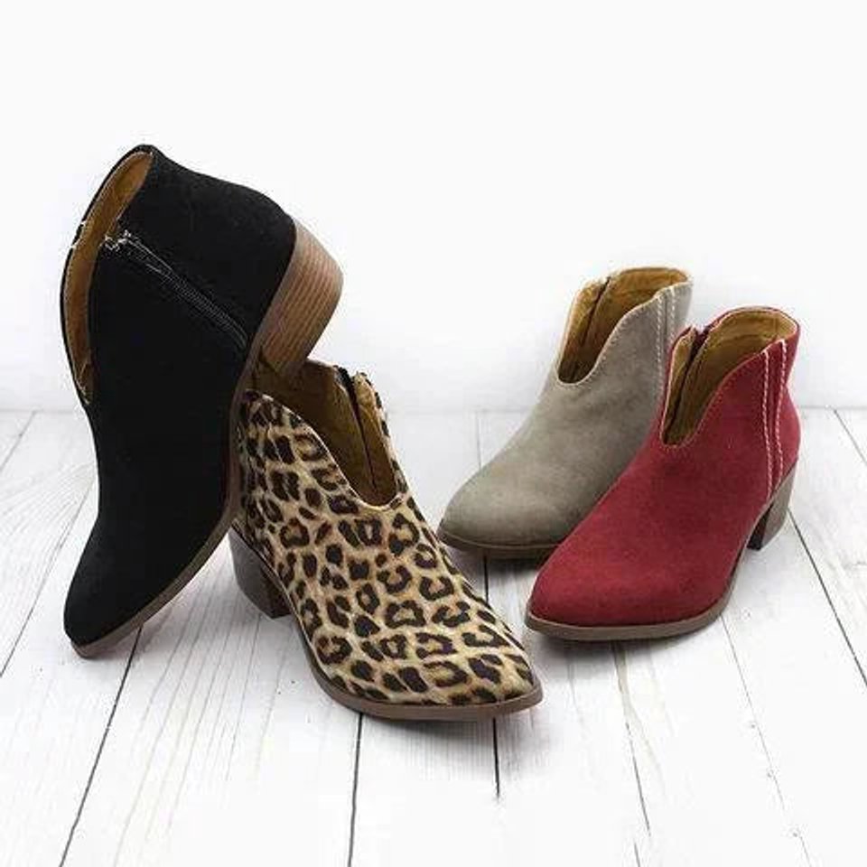 Women's Suede V-Cut Block Ankle Heeled Boots Side Zip