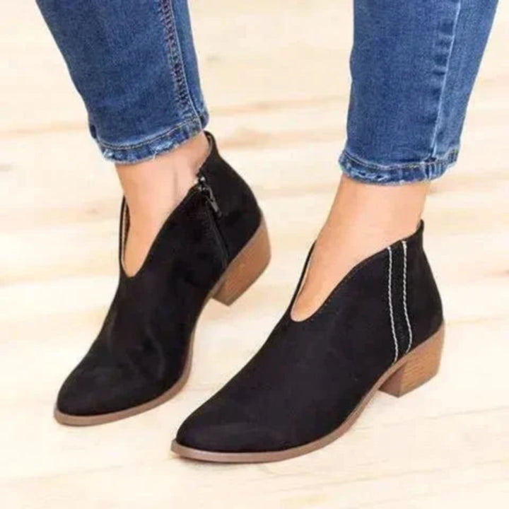 Women's Suede V-Cut Block Ankle Heeled Boots Side Zip