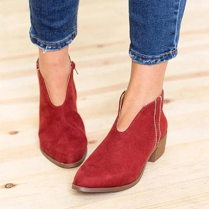 Women's Suede V-Cut Block Ankle Heeled Boots Side Zip