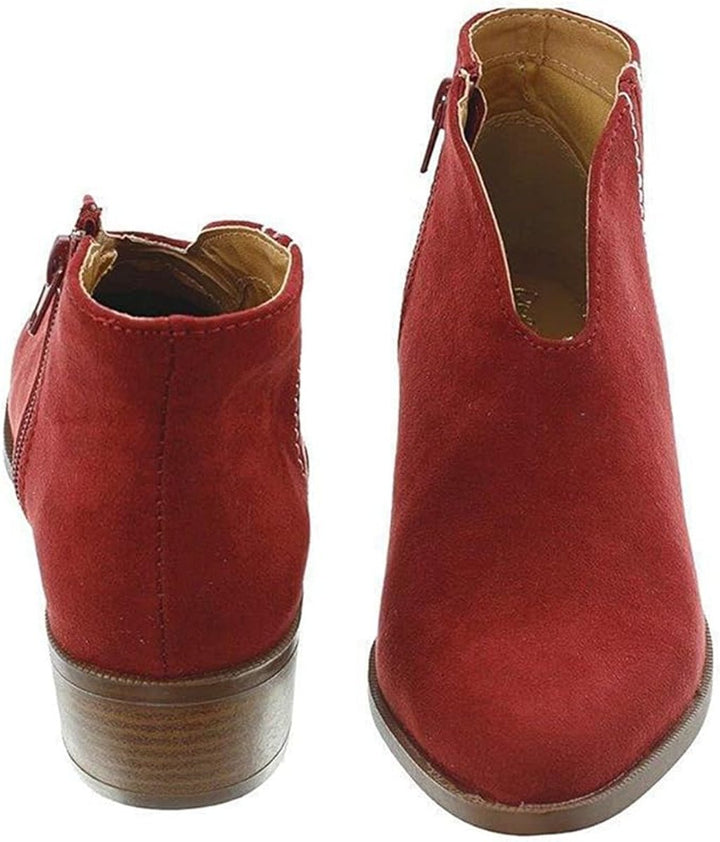 Women's Suede V-Cut Block Ankle Heeled Boots Side Zip