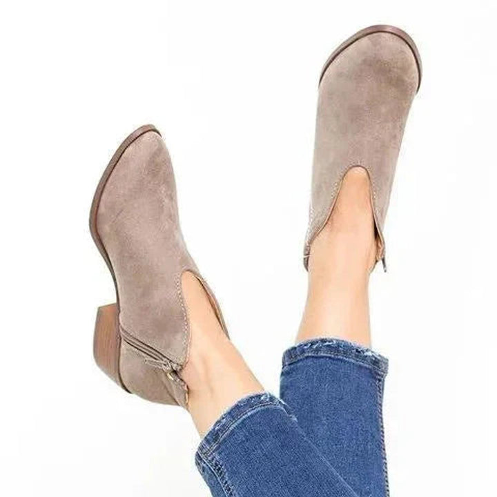 Women's Suede V-Cut Block Ankle Heeled Boots Side Zip