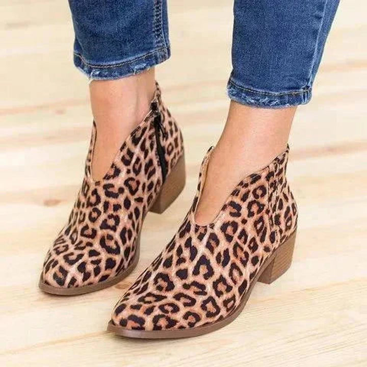 Women's Suede V-Cut Block Ankle Heeled Boots Side Zip