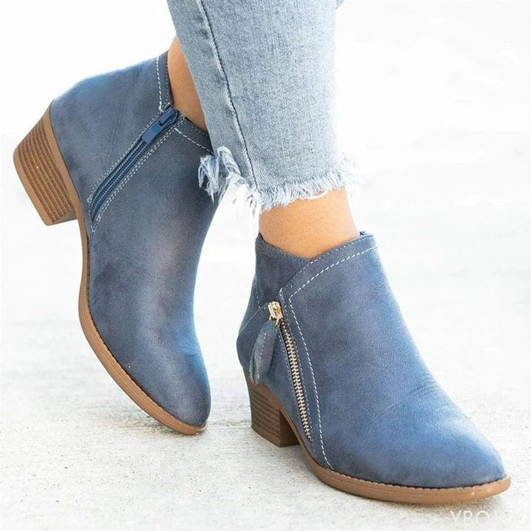 Women's Suede Zip-Up Block-Heel Ankle Heeled Boots