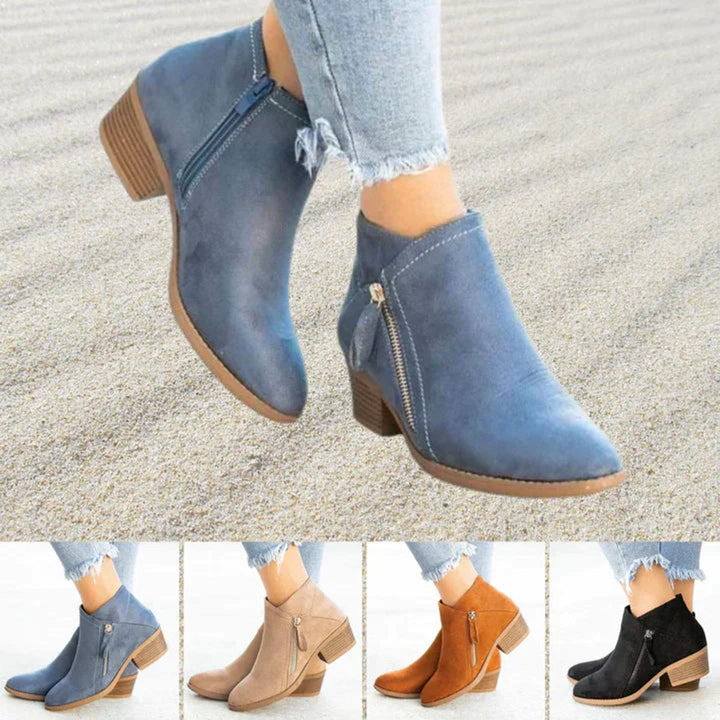 Women's Suede Zip-Up Block-Heel Ankle Heeled Boots