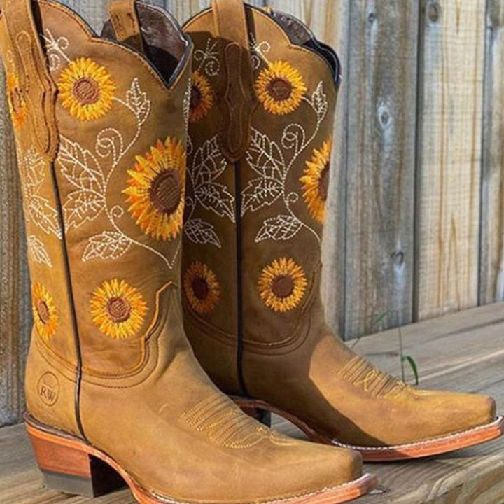 Women's Sunflower Embroidered Western Cowboy Boots