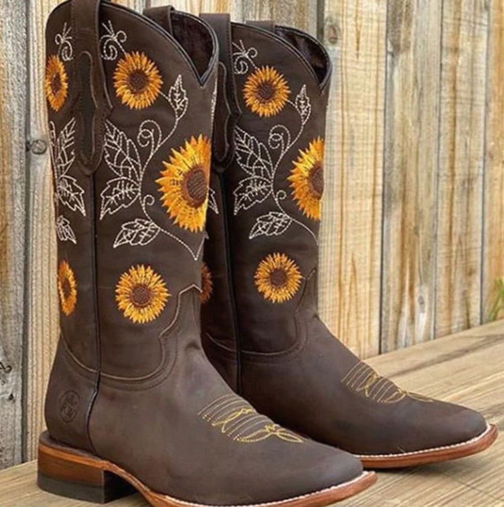 Women's Sunflower Embroidered Western Cowboy Boots