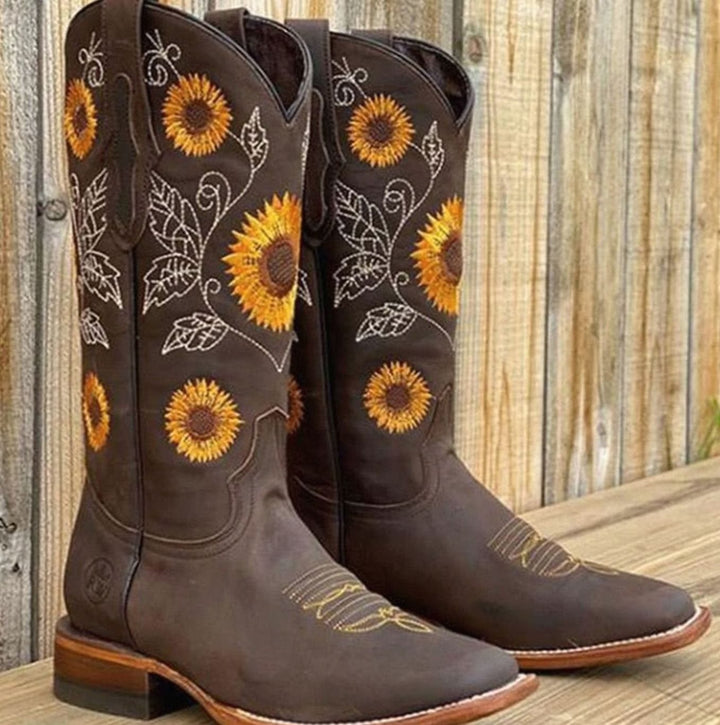 Women's Sunflower Embroidered Western Cowboy Boots