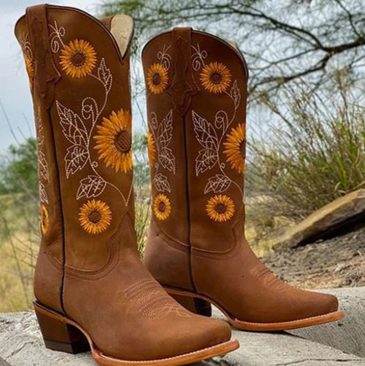 Women's Sunflower Embroidered Western Cowboy Boots