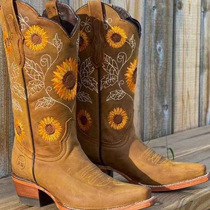 Women's Sunflower Embroidered Western Cowboy Boots