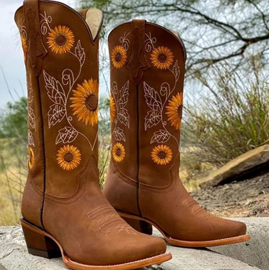Women's Sunflower Embroidered Western Cowboy Boots