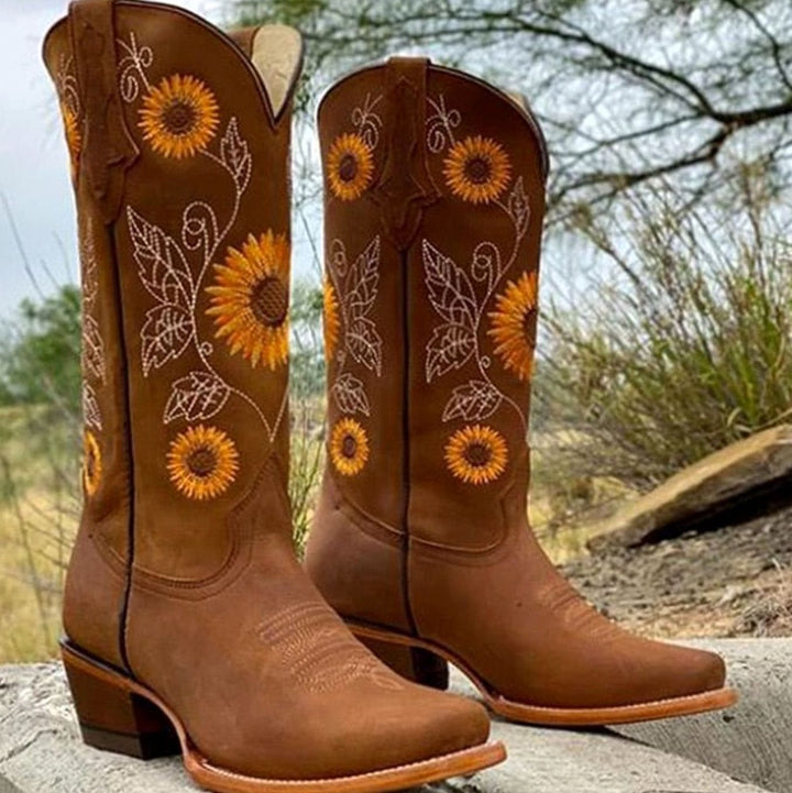 Women's Sunflower Embroidered Western Cowboy Boots