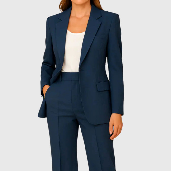 Women's Tailored Single-Button Blazer Trouser Suit Set - Navy