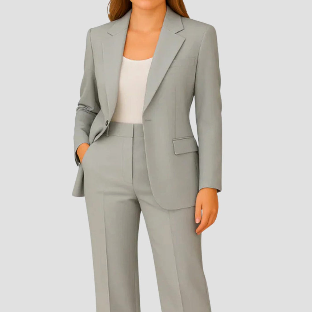 Women's Tailored Single-Button Blazer Trouser Suit Set - Grey
