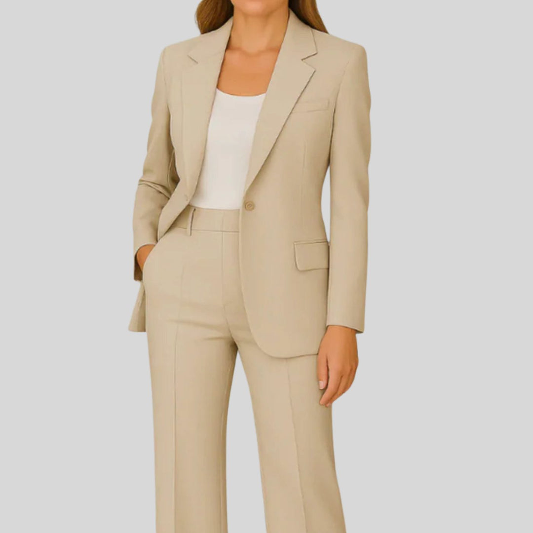 Women's Tailored Single-Button Blazer Trouser Suit Set - Beige