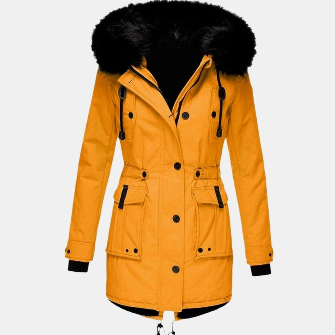 Women's Thick Faux Fur Hood Drawstring Waist Parka Coat - Gold