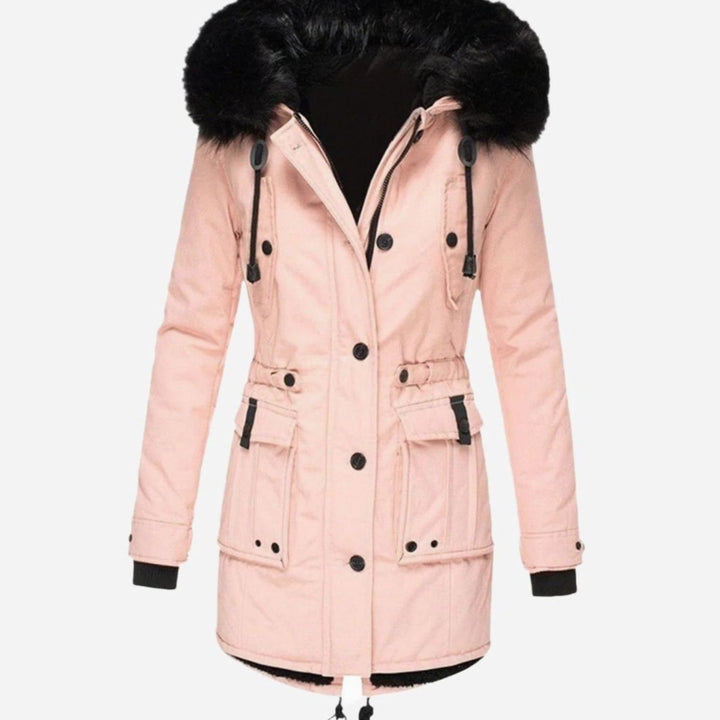 Women's Thick Faux Fur Hood Drawstring Waist Parka Coat - Pink