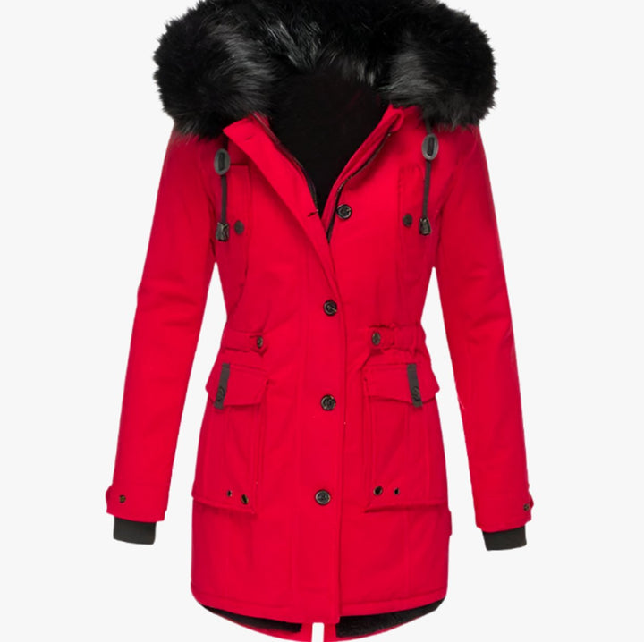 Women's Thick Faux Fur Hood Drawstring Waist Parka Coat - Red