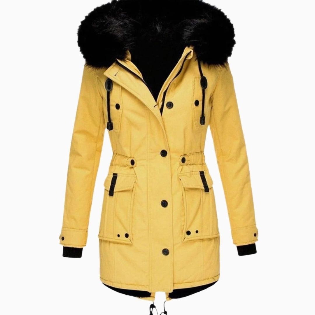 Women's Thick Faux Fur Hood Drawstring Waist Parka Coat - Yellow