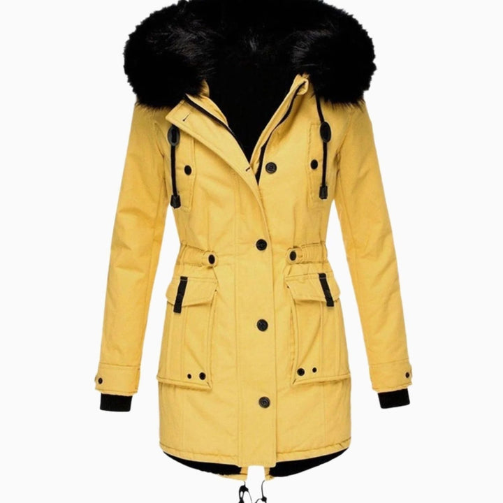 Women's Thick Faux Fur Hood Drawstring Waist Parka Coat - Yellow