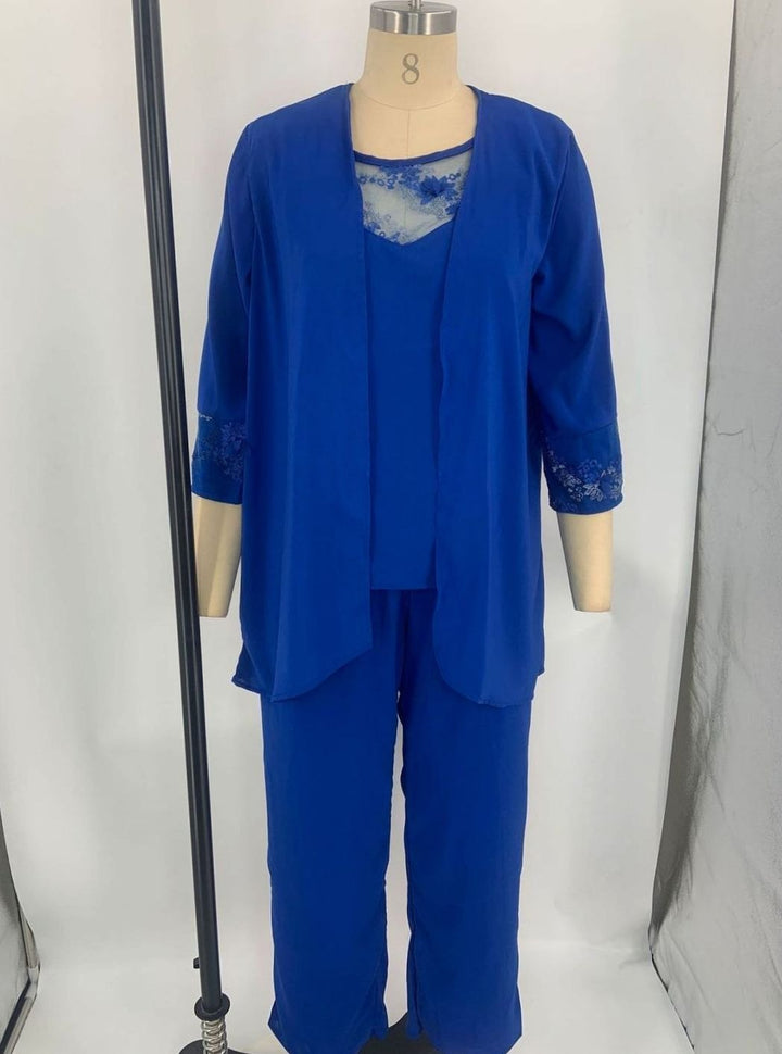 Women's Three-Piece Oversized Knit Cardigan Chiffon Trouser Set