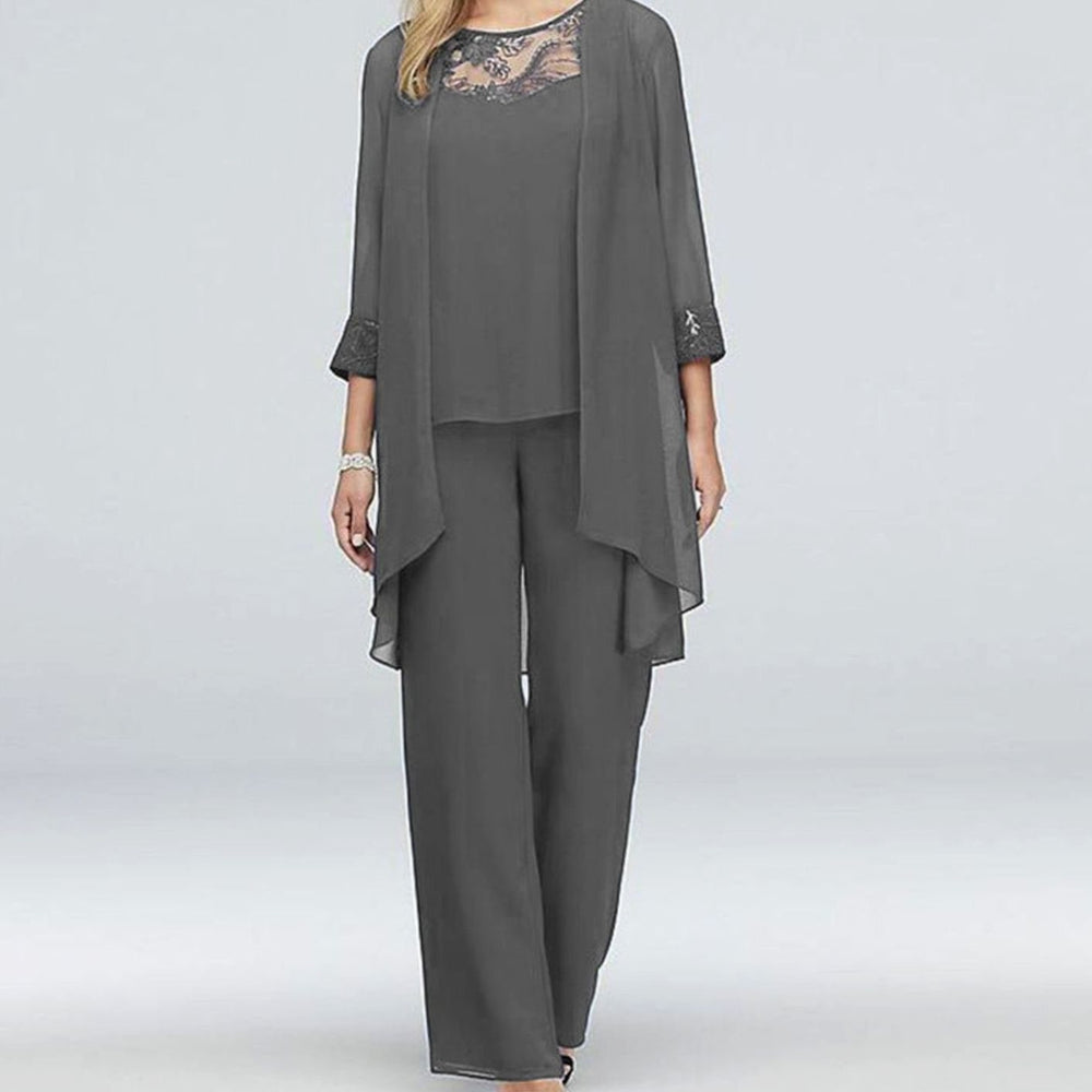 Women's Three-Piece Oversized Knit Cardigan Chiffon Trouser Set