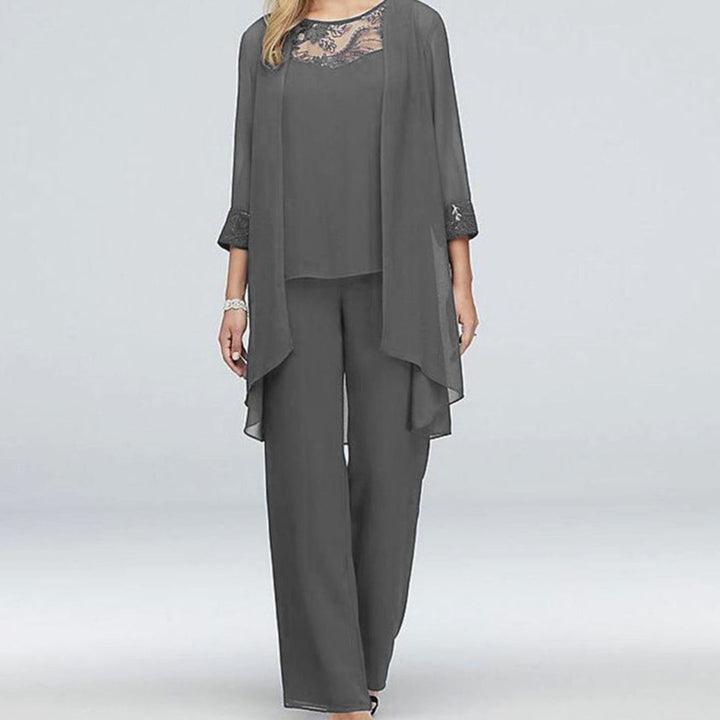 Women's Three-Piece Oversized Knit Cardigan Chiffon Trouser Set