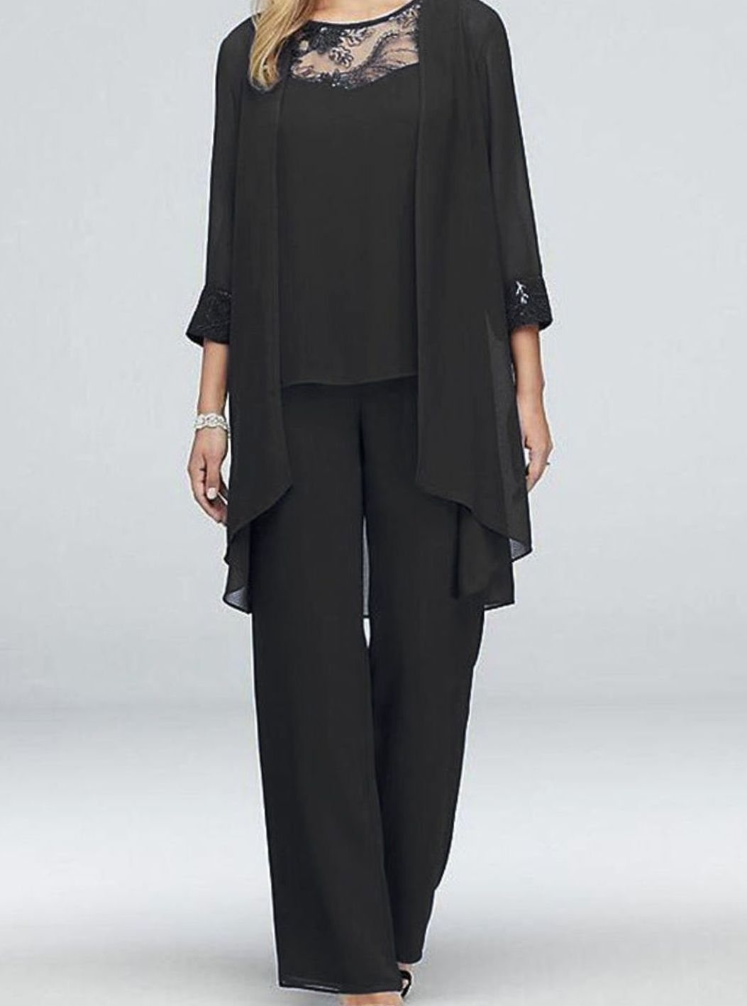 Women's Three-Piece Oversized Knit Cardigan Chiffon Trouser Set