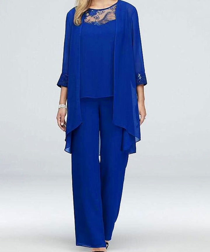 Women's Three-Piece Oversized Knit Cardigan Chiffon Trouser Set