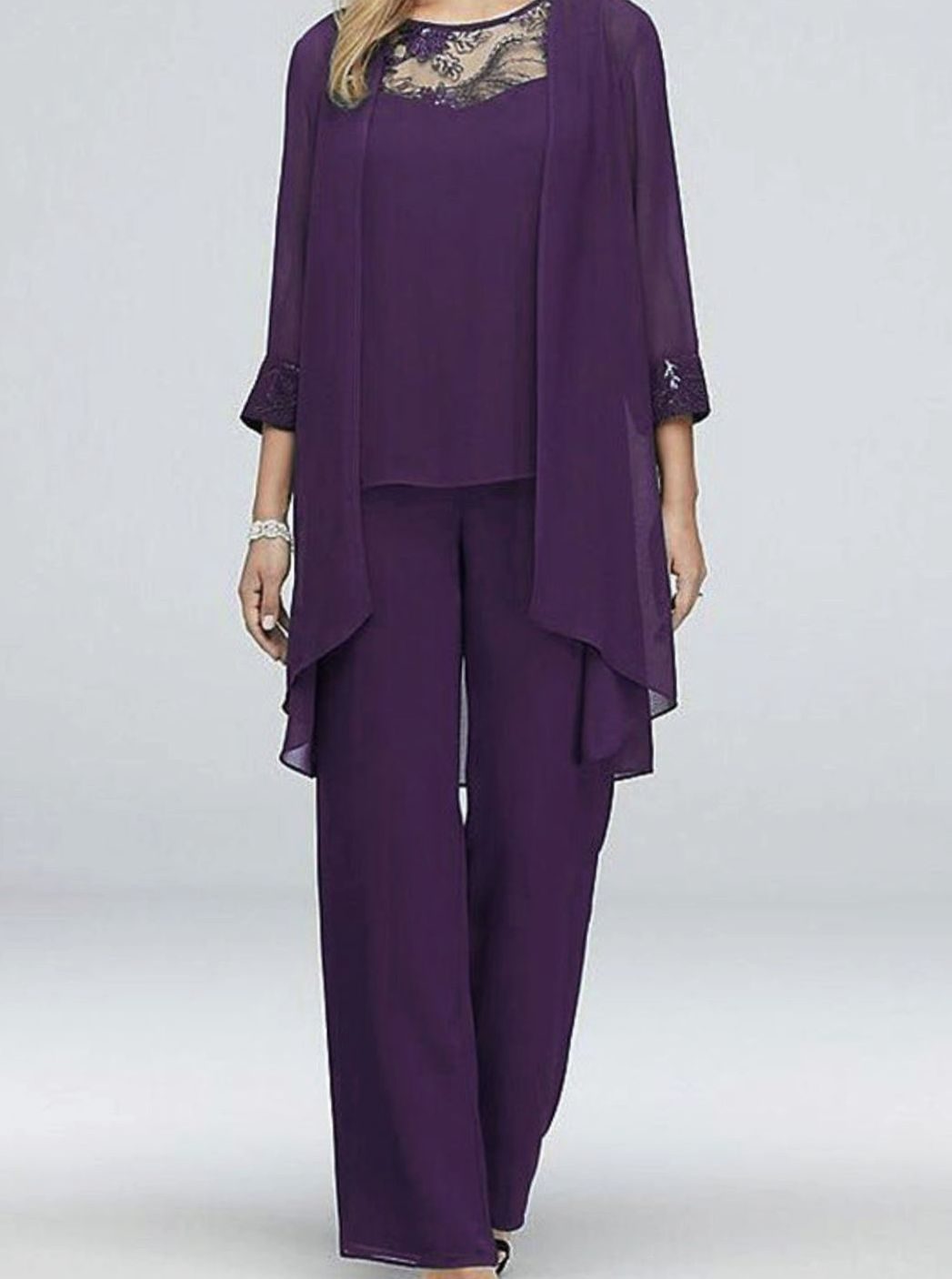 Women's Three-Piece Oversized Knit Cardigan Chiffon Trouser Set