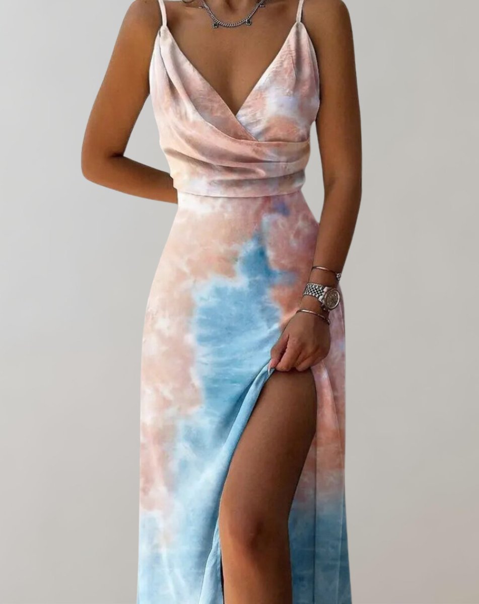 Women's Tie-Dye V-Neck Slit Maxi Cocktail Party Dress