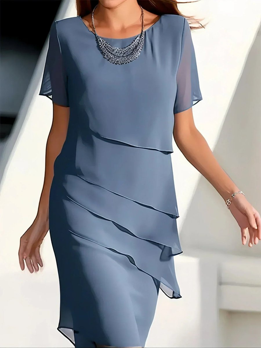 Women's Tiered Chiffon Cocktail Party Dress Short Sleeve