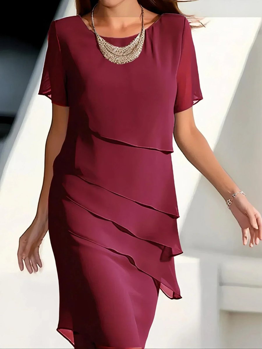 Women's Tiered Chiffon Cocktail Party Dress Short Sleeve