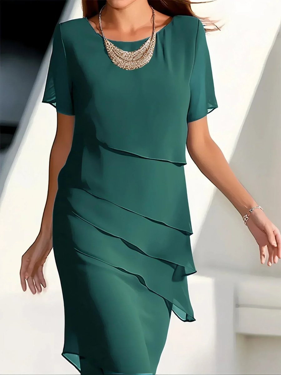 Women's Tiered Chiffon Cocktail Party Dress Short Sleeve