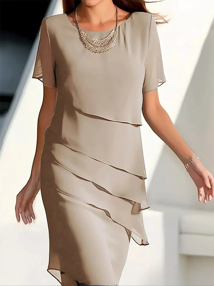 Women's Tiered Chiffon Cocktail Party Dress Short Sleeve