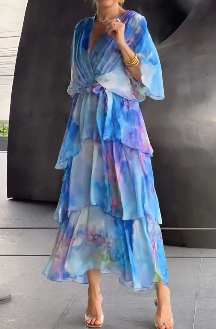 Women's Tiered Chiffon V-Neck Long-Sleeve Maxi Dress