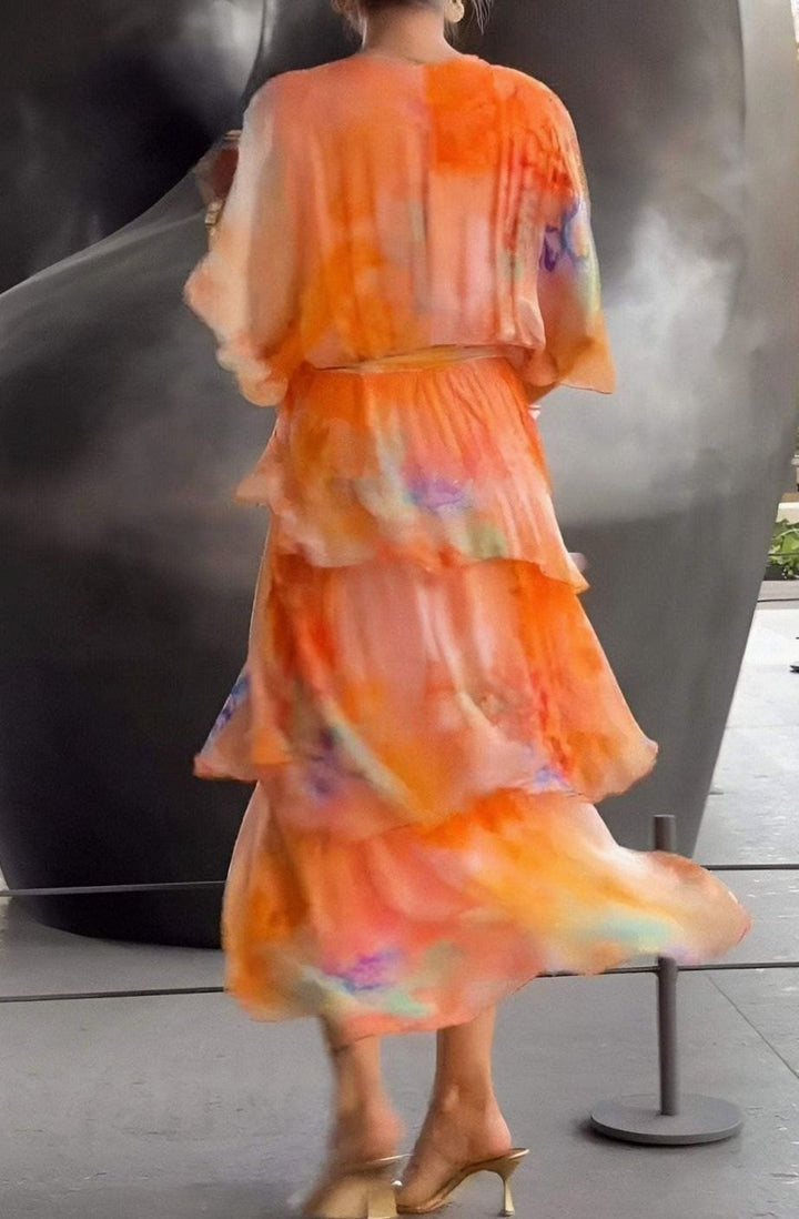 Women's Tiered Chiffon V-Neck Long-Sleeve Maxi Dress