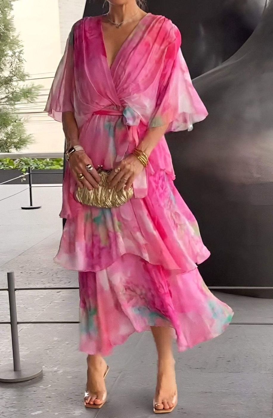 Women's Tiered Chiffon V-Neck Long-Sleeve Maxi Dress