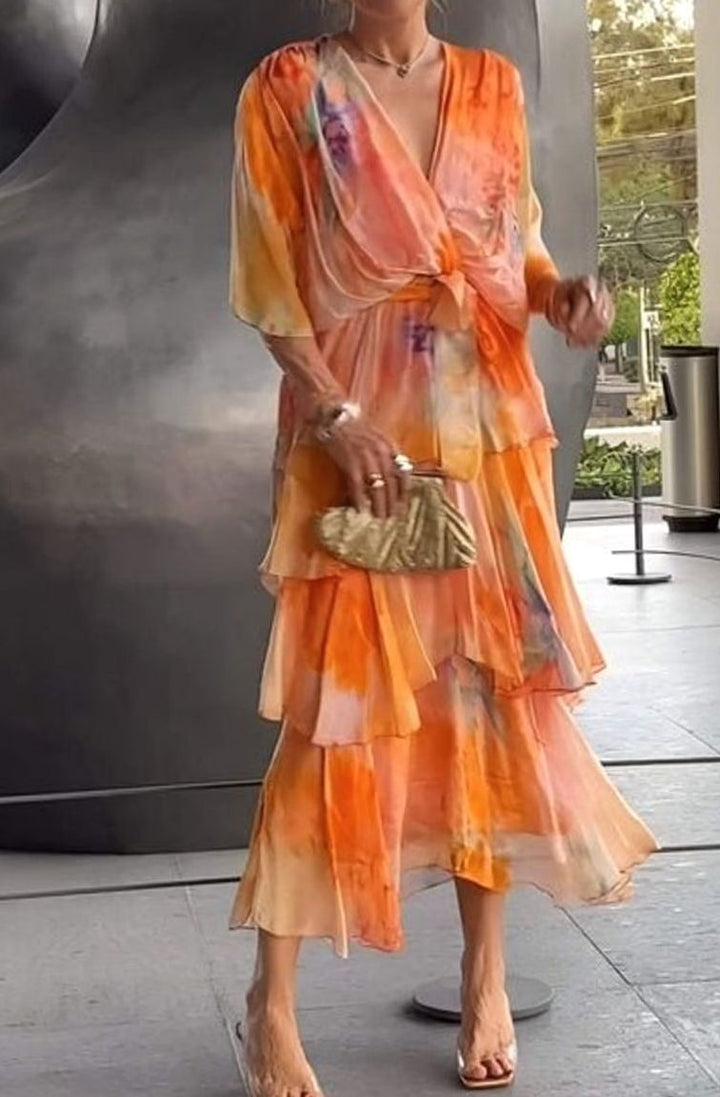 Women's Tiered Chiffon V-Neck Long-Sleeve Maxi Dress