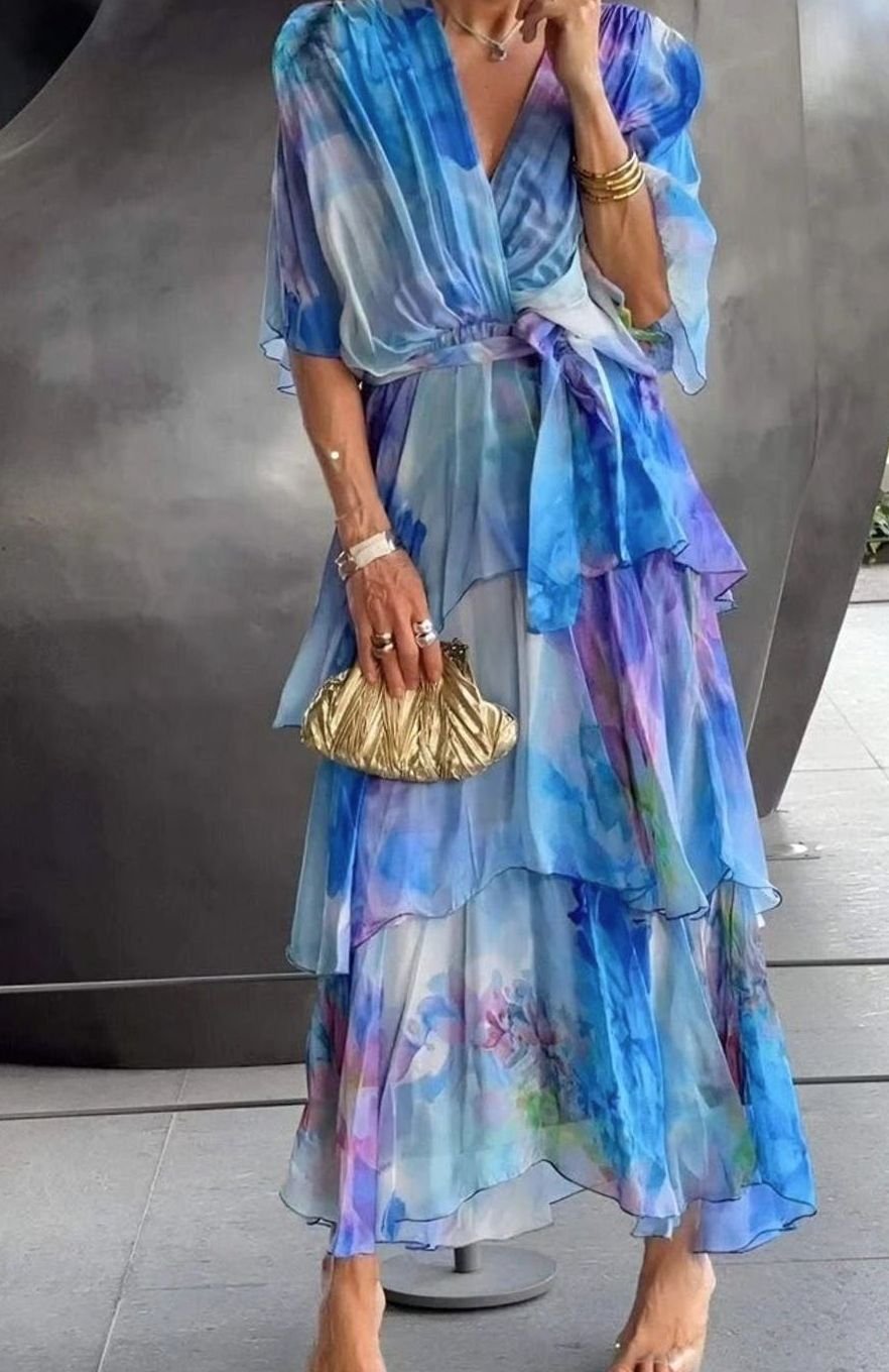 Women's Tiered Chiffon V-Neck Long-Sleeve Maxi Dress