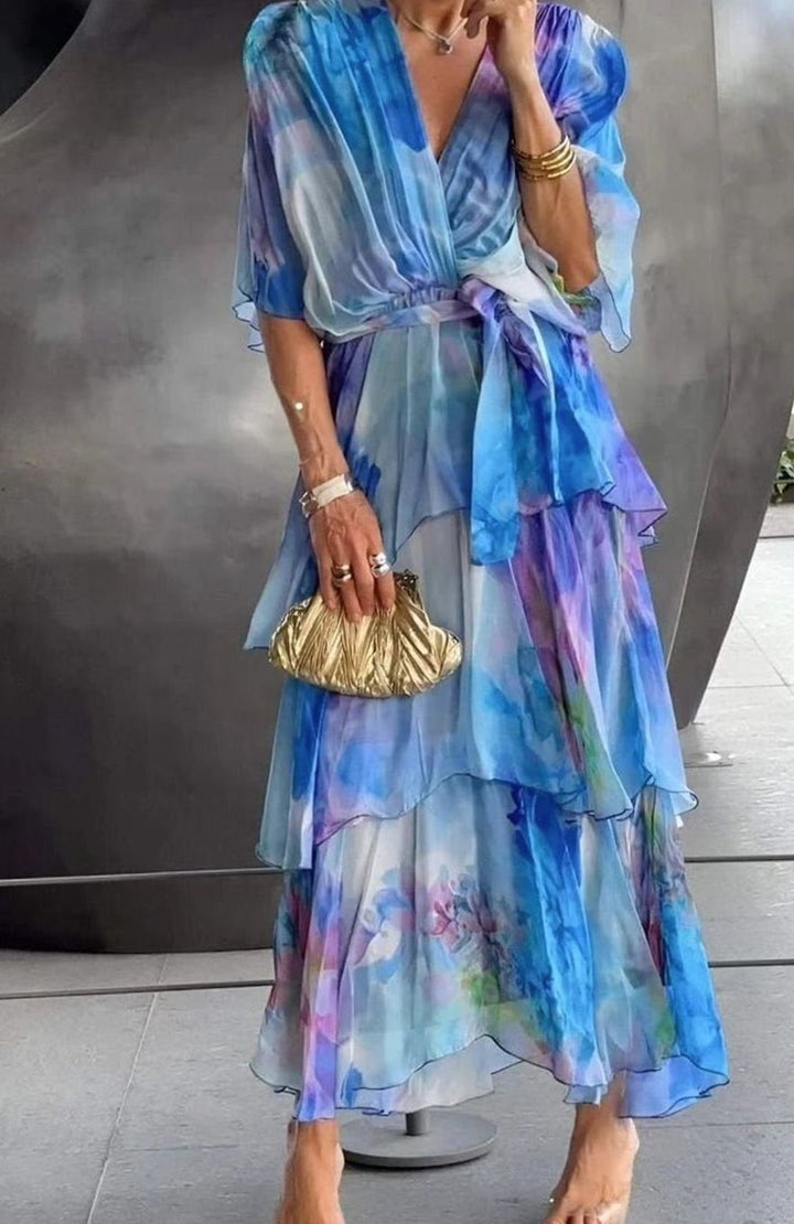 Women's Tiered Chiffon V-Neck Long-Sleeve Maxi Dress